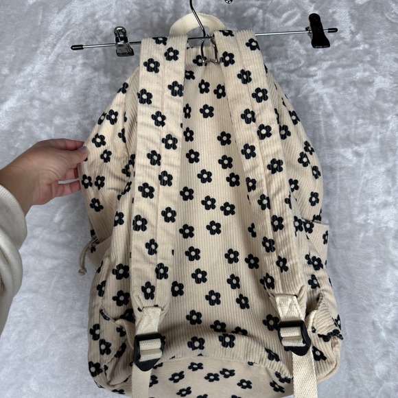 Corduroy Floral Print Backpack Beige Black Cute Kawaii School Bag - Picture 5 of 8